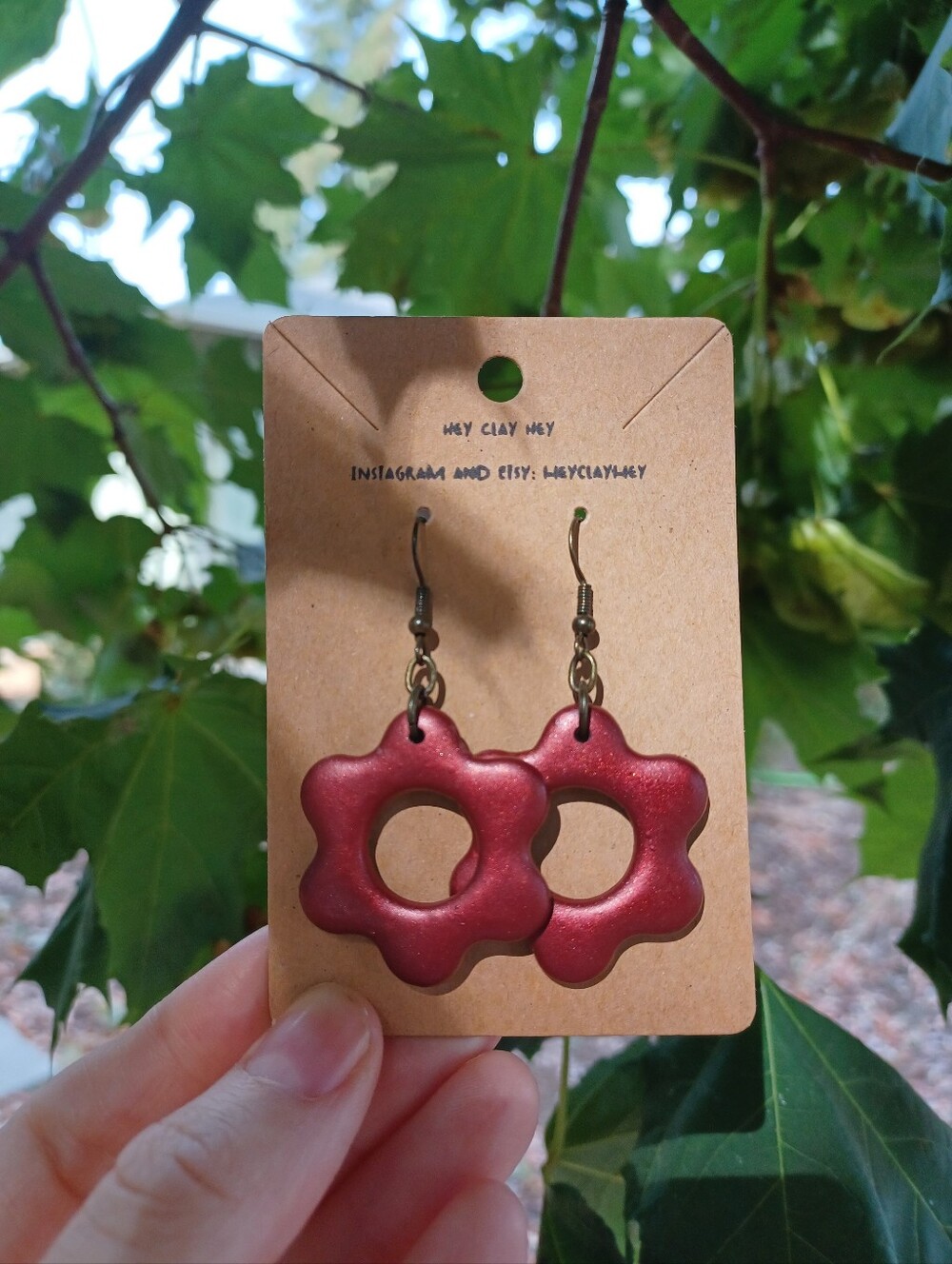 Red Flower Polyer Clay Hoop Earrings